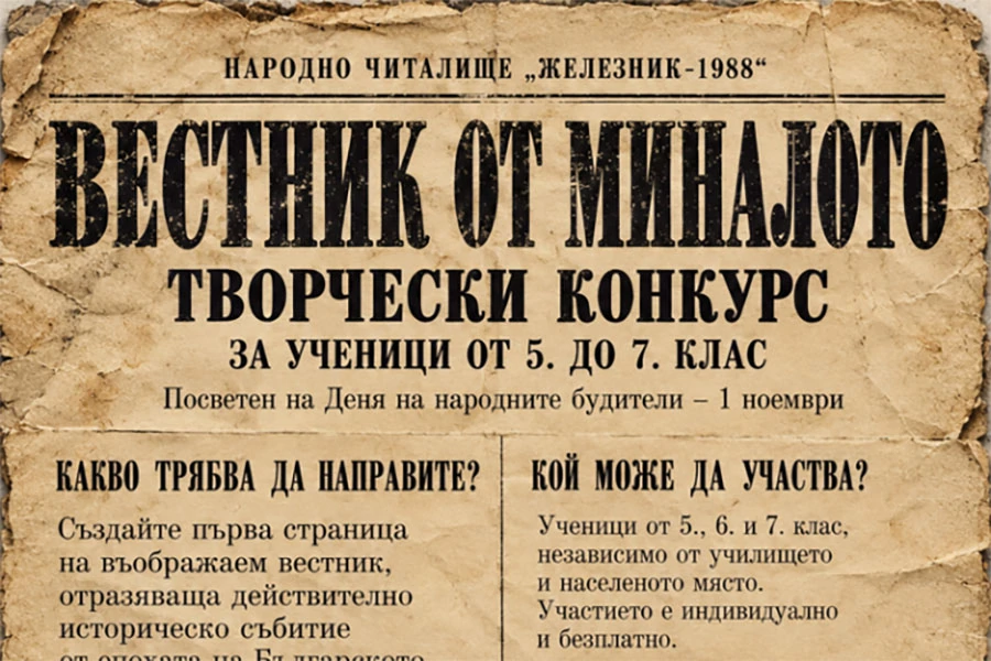 НЧ „Железник-1988“ в Стара Загора организира конкурс „Вестник от миналото“ за ученици